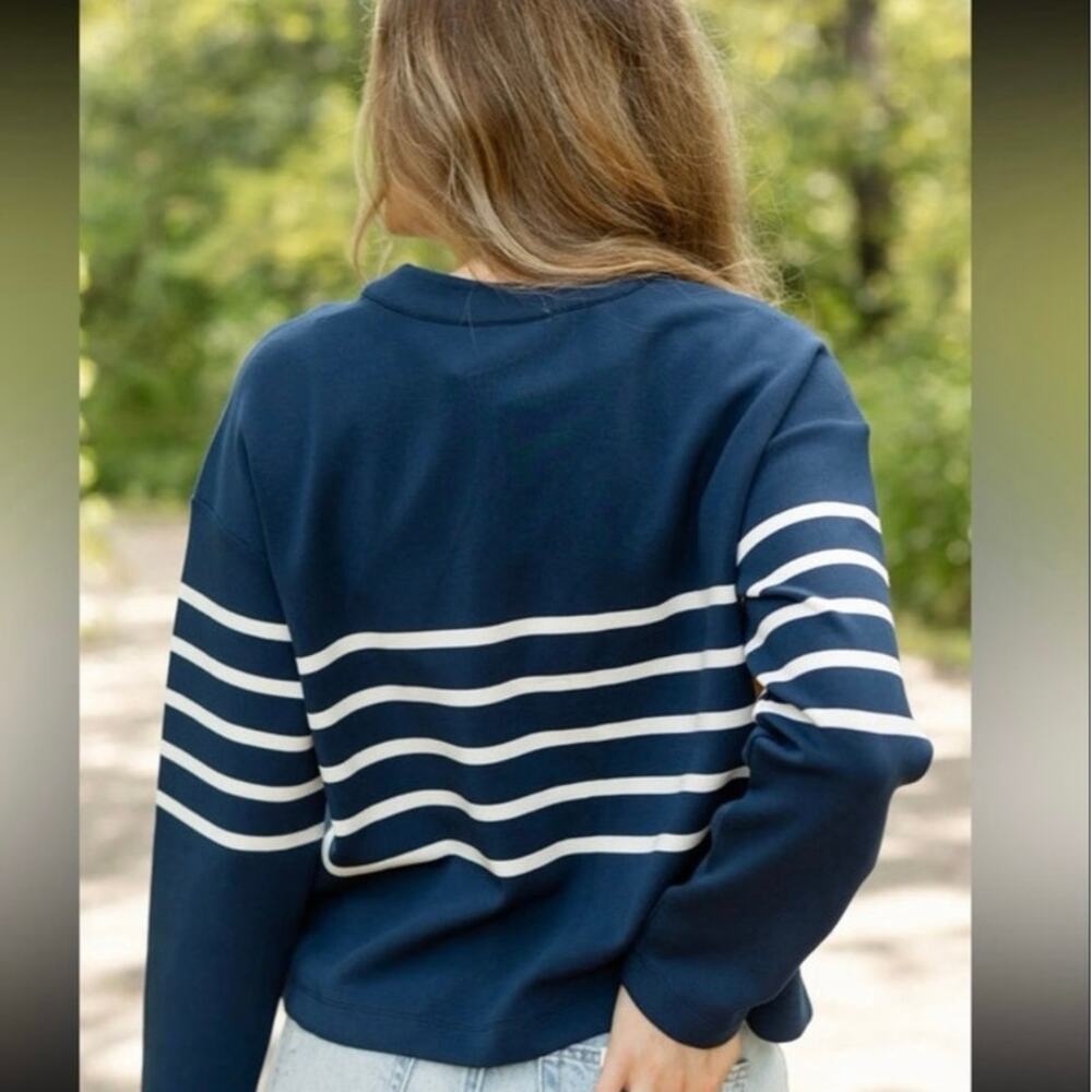 Spanx AirEssentials Womens Striped Button Front Cardigan Navy XL Nautical Preppy - Picture 2 of 6